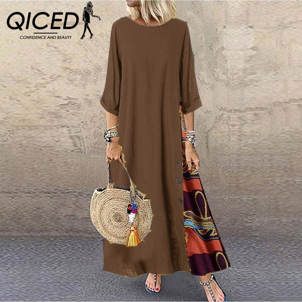 QICED 12 color Women Fashion Casual Loose Long Sleeve Floral Print Party Maxi Dress Plus Size Vestidos Longos Robe