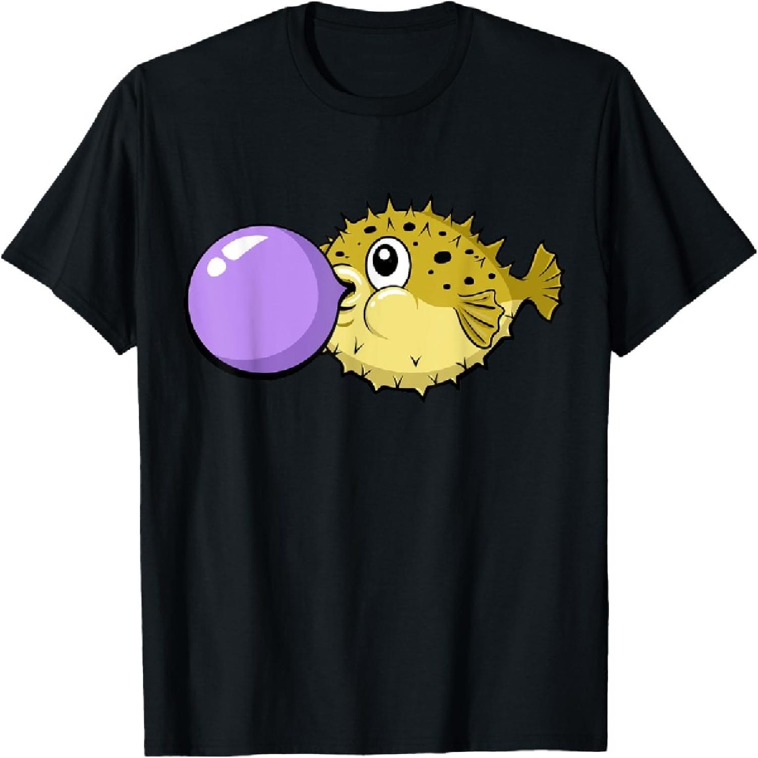 Funny Cute Kawaii Blowfish Pufferfish Gum Bubble T-Shirt S