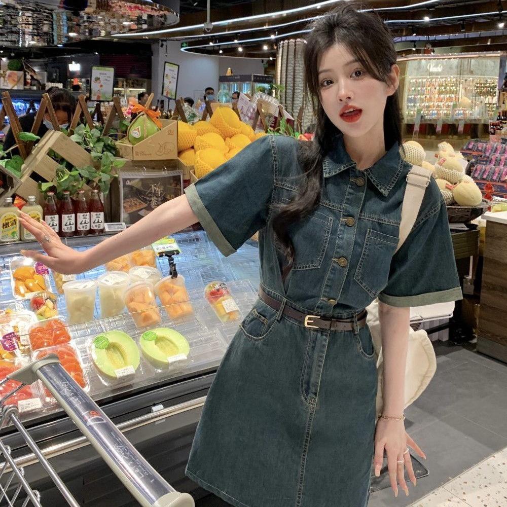 Women's Chic Hong Kong Style Retro Polo Collar Denim Dress - Slim-Fit, Waist-Cinching, Short Sleeve, Mid-Length A-Line Skirt, Summer Collection