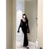 Autumn 2025 Black Slim-Fit Cinched Waist V-Neck Mermaid Dress for Women