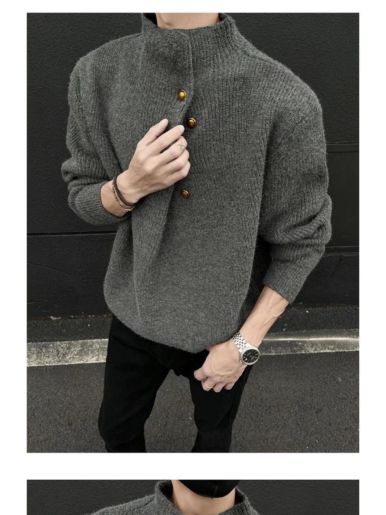 Men's Korean Style High Neck Sweater with Irregular Button Design – Trendy Oversized Knitwear