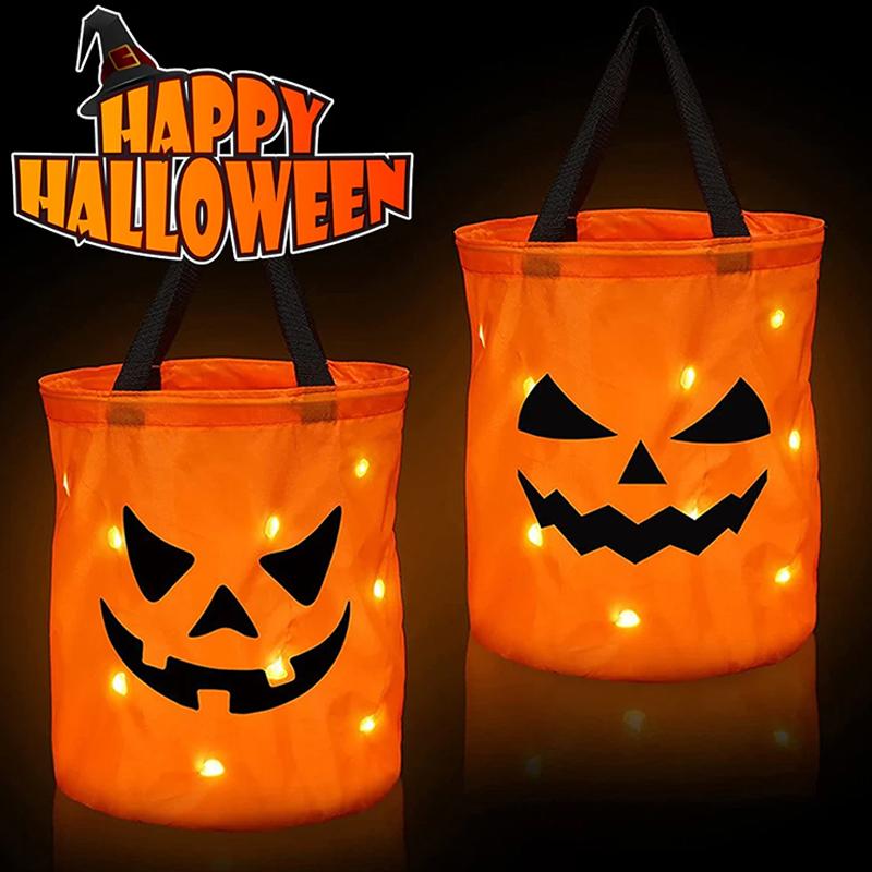 2025 Halloween Trick Or Treat Bags Orange Pumpkin Buckets With Led Light Candy Bucket For Kids Halloween Glow Party Supplies
