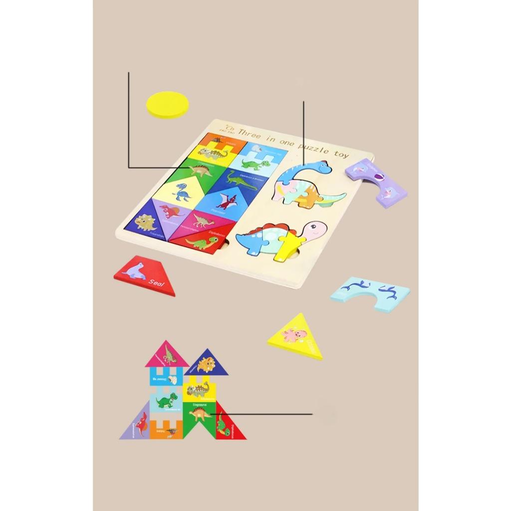 3 In 1 Wooden Tangram Jigsaw Puzzle Toy Educational Creative Geometric Shape Color Cognition Wood Building Blocks Gifts for Kids