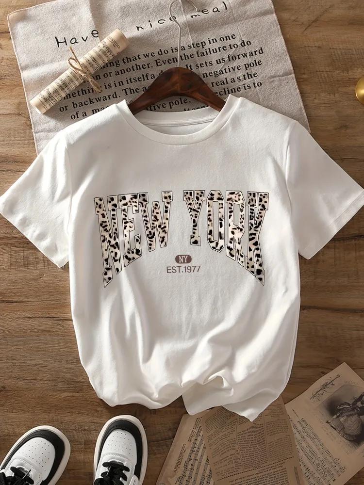 New York Pattern Printed Leopard Print Letter Design Unisexs Casual Short Sleeve Fashion Harajuku Kawaii Tshirt Y2K Clothing
