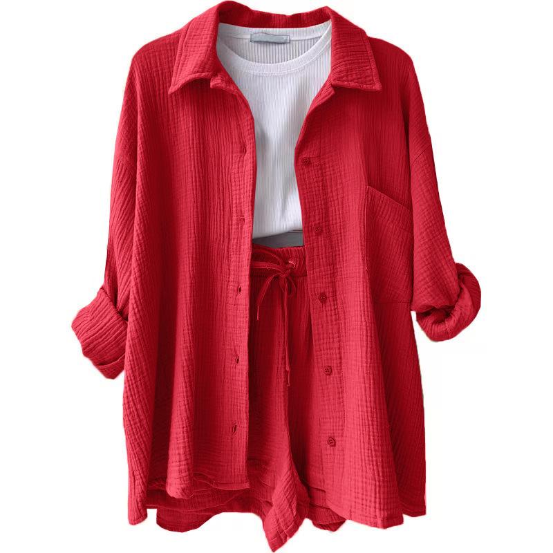 European and American Women's Crinkle Lapel Shirt & High Waist Shorts Two-Piece Set