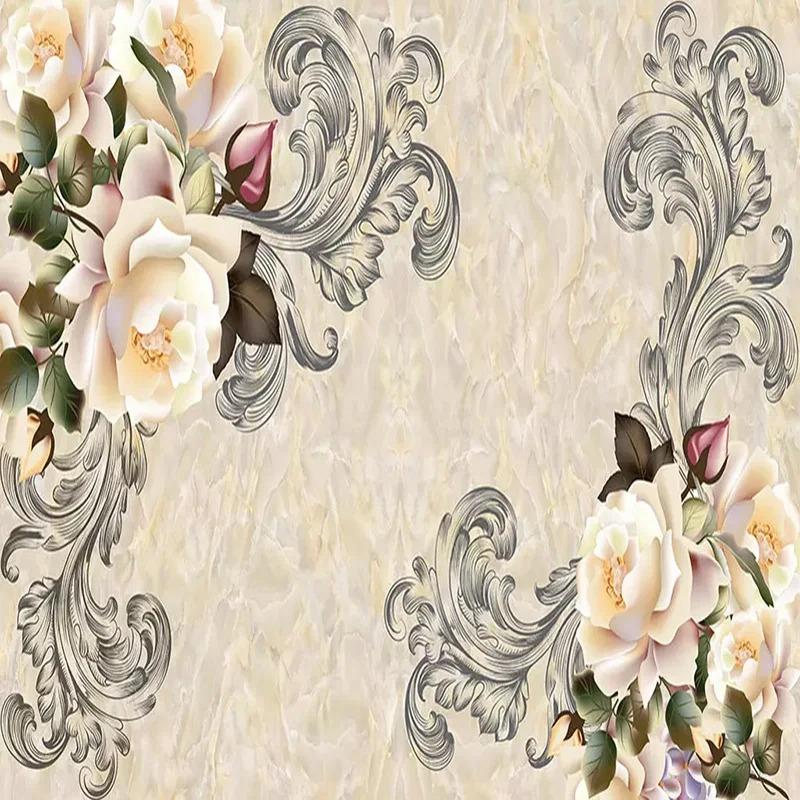 European Style 3d Flowers Wallpaper Living Room Tv Sofa Background Wall Mural Modern Marble Home Decor Wallpapers