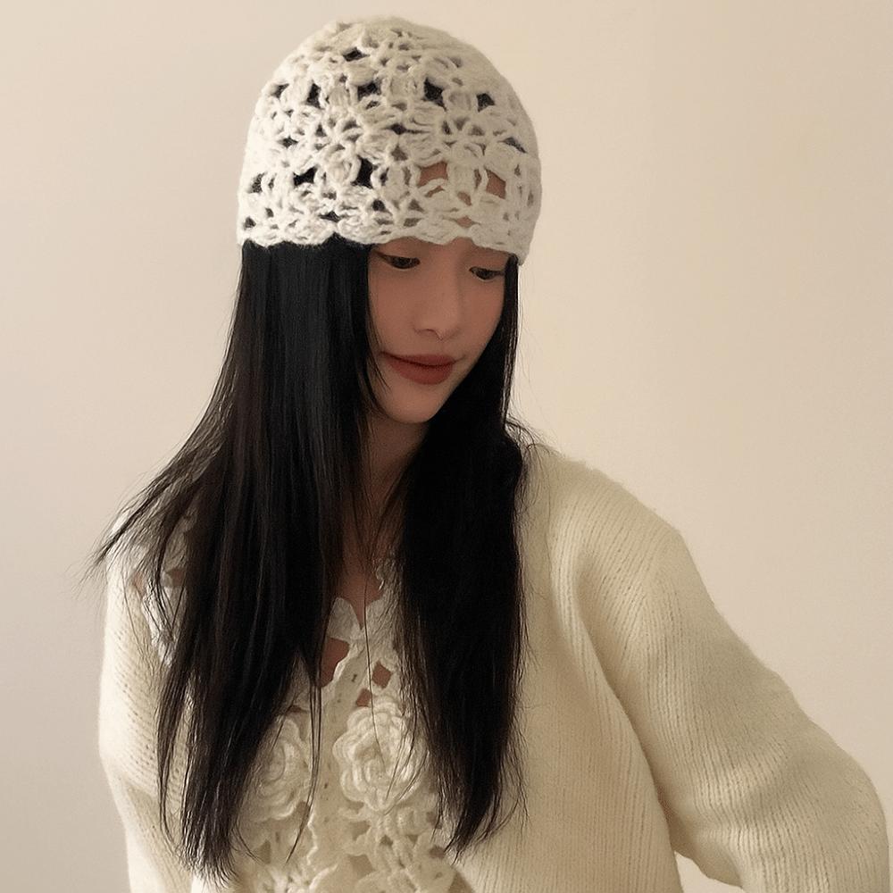 Handmade Knitted Pullover Hat Hollow Beanies Cap Sweet Crochet Flower Hat  Ladies