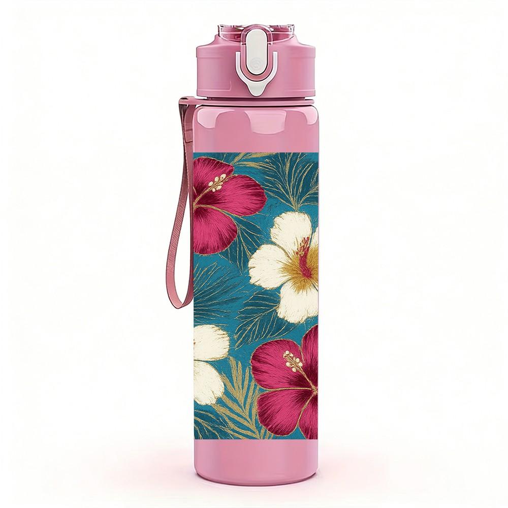 1PC Mixed Red White Wildflowers 750ml Color Plastic Sports Water Bottle Leakproof Flip Straw Lid Suitable for Sports Office Home Use