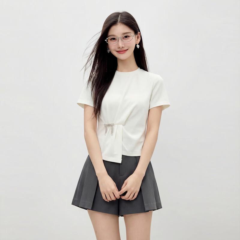 Qiushuiyiren Women s Pleated Round Neck T-Shirt XL