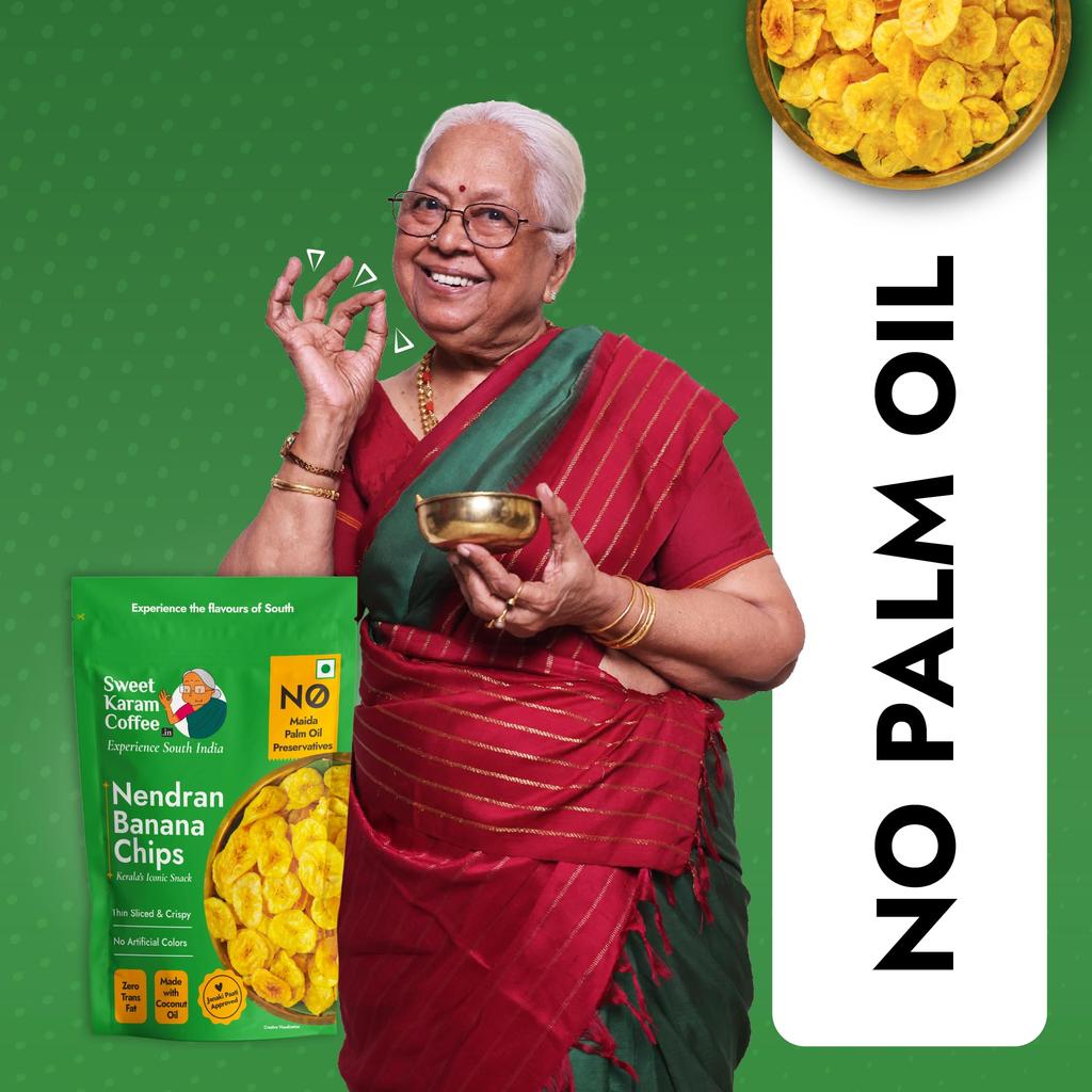 Sweet Karam Coffee Nendran Banana Chips - 95 Grams | Made with 100% Coconut Oil | No Preservatives | Kerala Special Crispy, Thin Sliced Yel