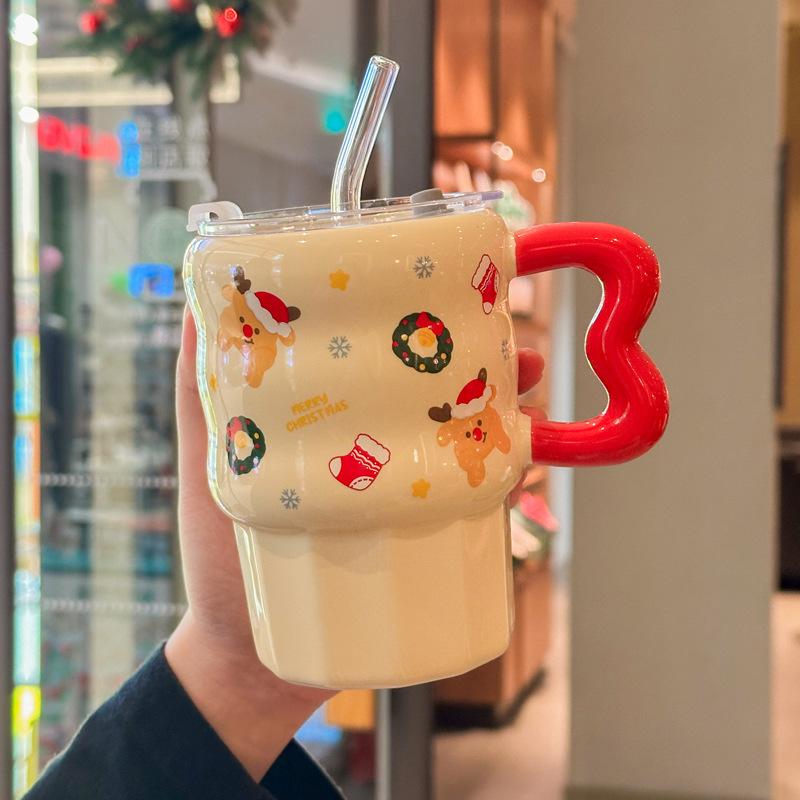 Cute Christmas Ceramic Mug with Lid for Girl's Birthday Gift High-value Straw Mug Souvenir