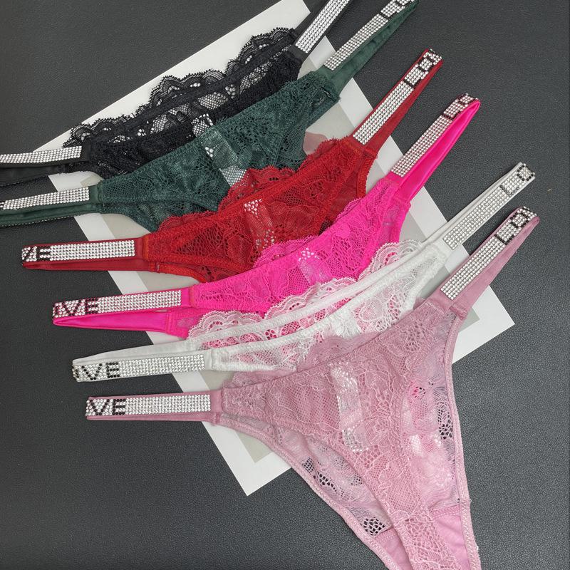 Sexy Lace Thong with Rhinestones: Seamless, Thin-Strapped, See-Through Panties