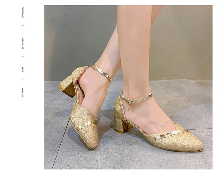 2024 Spring Korean-Style Women's Thick Heel Pointed Toe Buckle Sandals