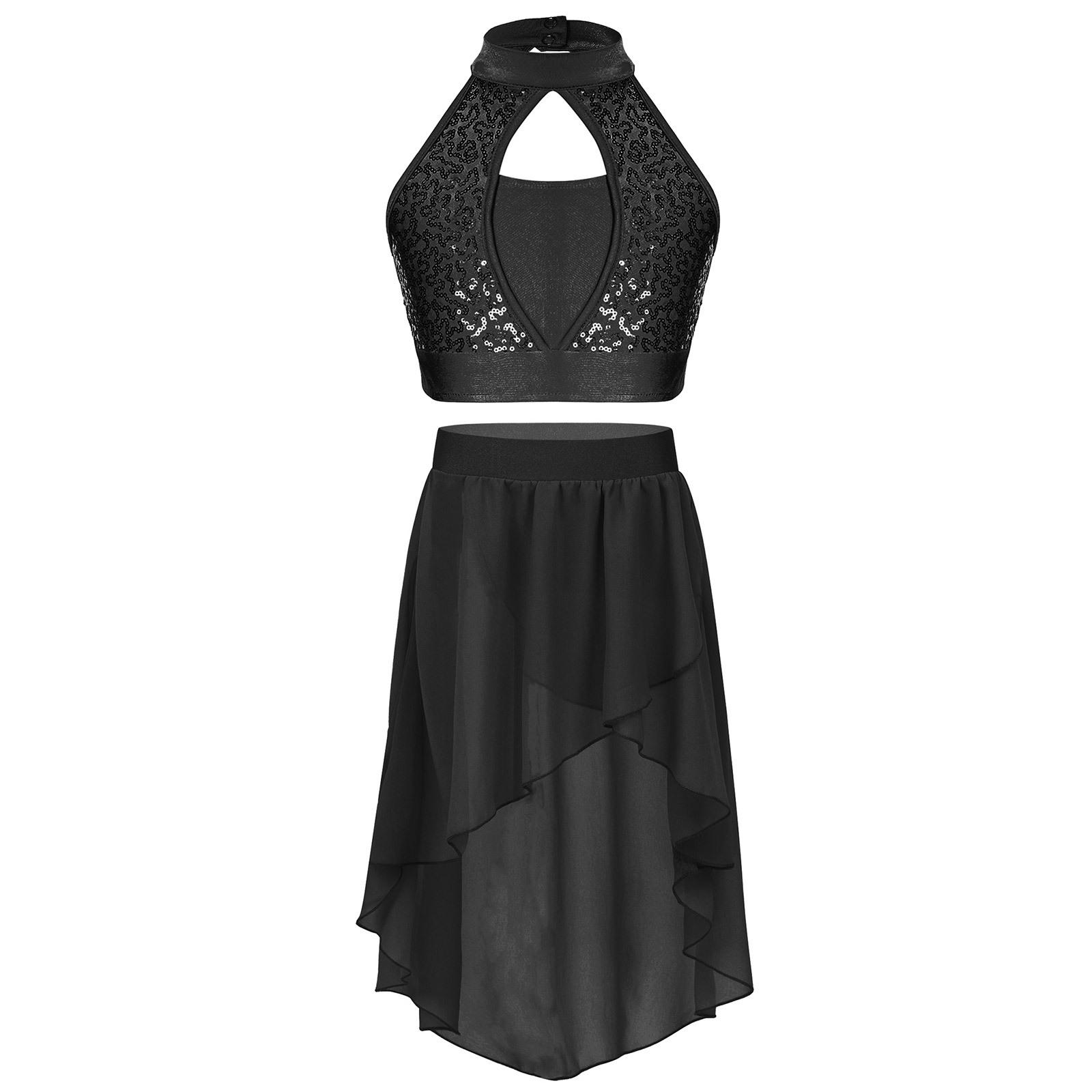 

Детский костюм для выступлений из двух частей: укороченный топ с пайетками, вырез спереди, вырез-капелька сзади, юбка из шифона неправильной формы, комплект танцевального наряда 5-6 Years чёрный