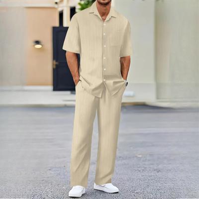 Herren Casual Pendler Button-Down-Hemd Lockerer Strandanzug Einfarbig Gestreifte Kurzarmhose Zweiteilig