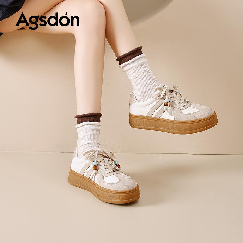 Augusteng Retro German Training Shoes Women's 2025 Autumn New Thick-soled Beaded Little White Board Shoes Casual Sports Shoes