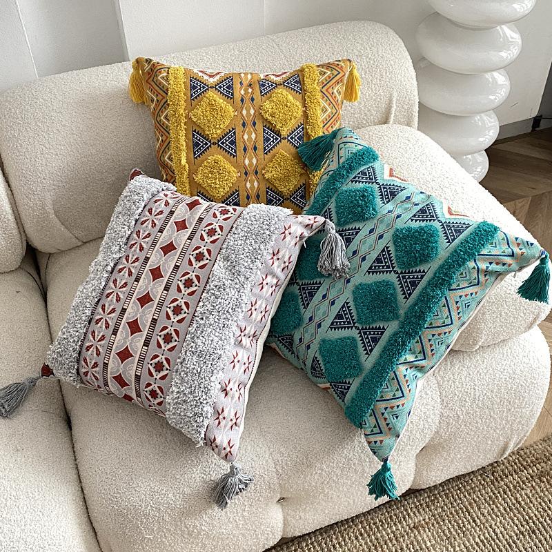 Bohemian Tufted Linen Pillow Case Ethnic Print Decorative Cushion Cover for Sofa Bedroom and Home Styling