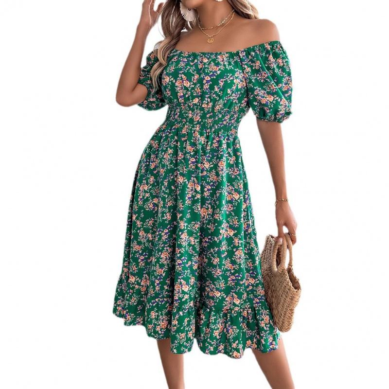 2026 Spring/Summer New Floral Print Square Neck Short Sleeve Waist-Cinching Ruffle Hem Women's A-Line Dress