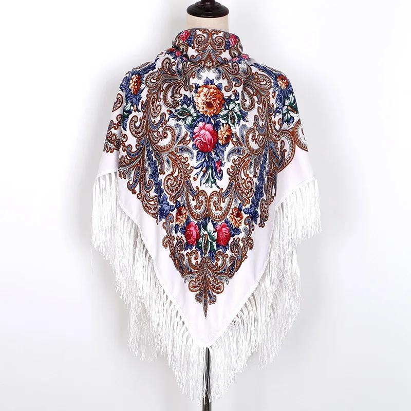 Floral Printed Bohemian Scarf Fringed Shawl Headscarf Russian Babushka Scarves Women National Muslim Head Wrap Square
