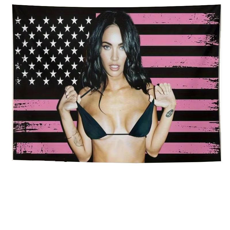 1PC Megan Fox American Flag Wall Hanging  Pink Star Stripe Design  Premium Fabric Vertical Portrait Home Decor Flat Print 74x94cm(29x37in)