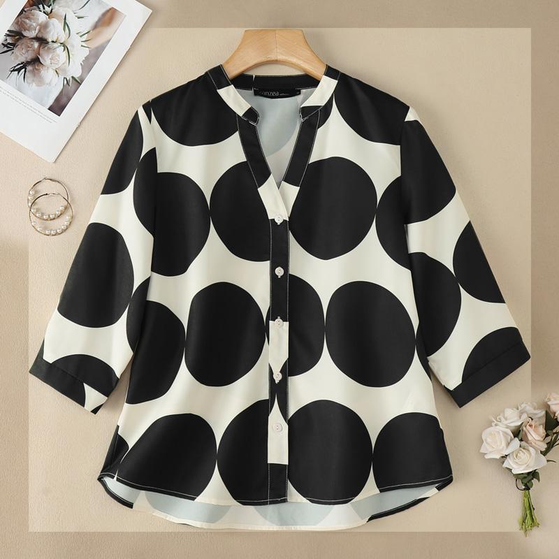 

ZANZEA Women Casual V-Neck 3/4 Sleeve Loose Polka Dot Print Blouse 5XL чорний