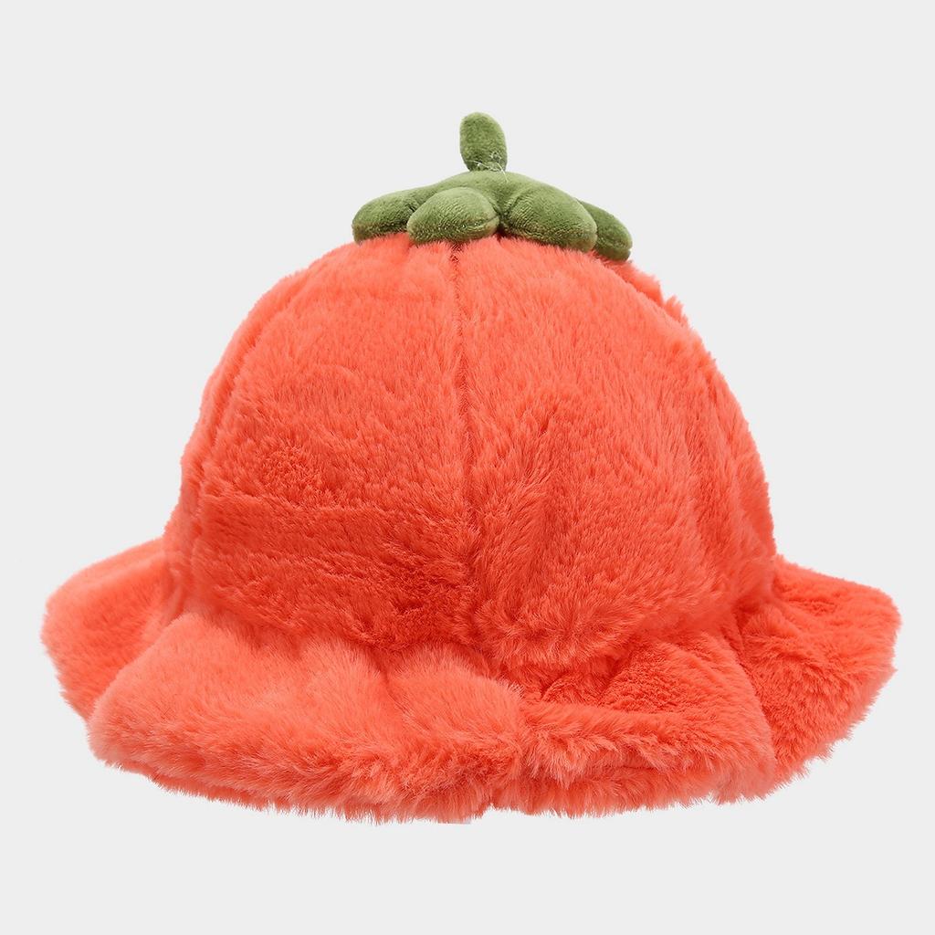 Small fresh and cute pumpkin hat female warm tide plush fungus edge bucket hat autumn and winter sunshade basin hat