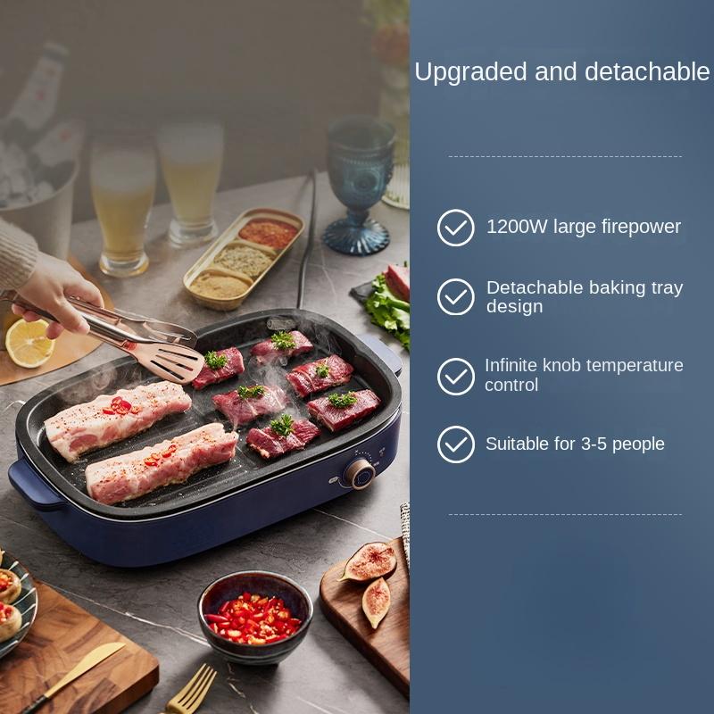 

220 В Бытовая электрическая сковорода для барбекю, кастрюля для гриля, бытовая электрическая сковорода для гриля, съемный и моющийся поддон для гриля, мультиварка 1200 Вт