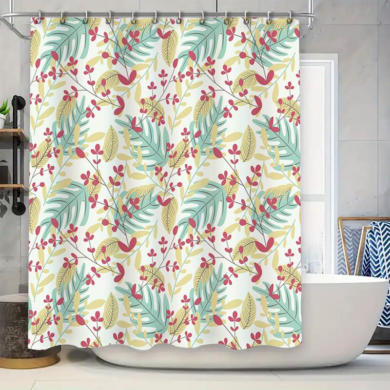 

Floral Print Shower Curtain Pink Red Green Leaves Bath Decor with Hook for Rod Ring Set Home Hotel Decoration Waterproof Fabric 90x180cm