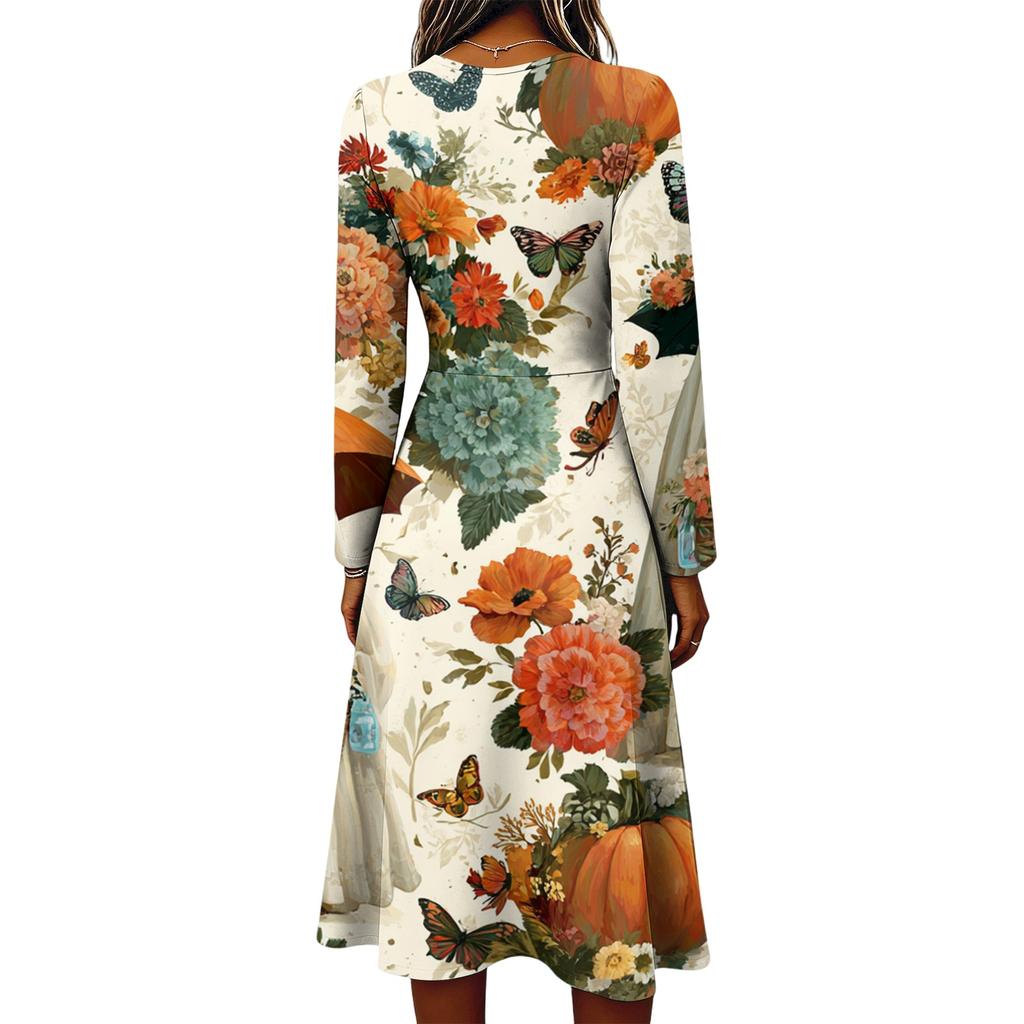 Women's Stylish Halloween Print Long Sleeve V-Neck Casual Dress with Pockets