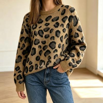 Women's Autumn Winter 2026 Leopard Print Color Block Sweater - Round Neck Knitwear Pullover