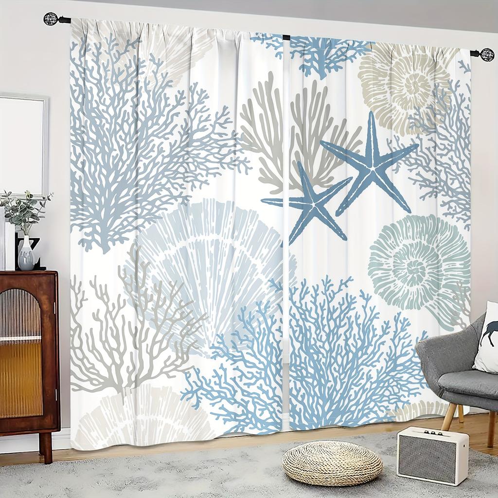 2PC Summer Ocean Digital Print Polyester Curtains – Pocket Rod Top for Living Room  Kitchen   Bedroom   Study   Bathroom  Dining Room