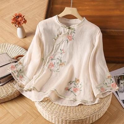 Chinese Style Cotton-Linen Embroidery Shirt with Frog Buttons & Oblique Lapel - Women's 3/4 Sleeve Retro Top