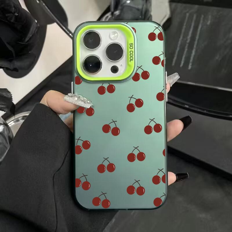 Cute Black Cherry Pattern Matte Laser Phone Case For iPhone 15 Pro Max Case iPhone 16 14 13 12 11 XS X 7 8 Plus Shockproof Cover
