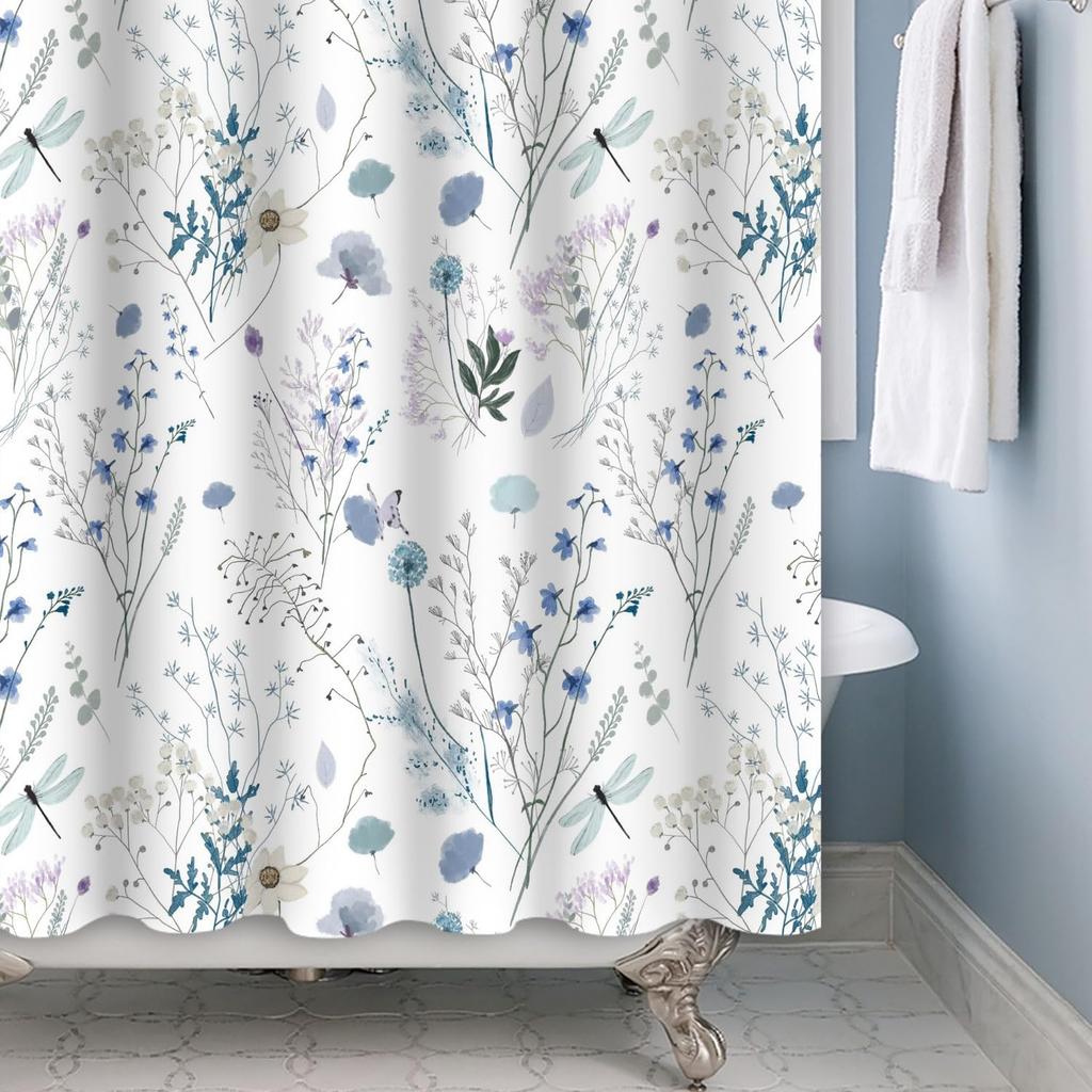 1Pc White Blue Floral Shower Curtain, Botanical Herb Wildflower Bouquet Dragonfly Waterproof Shower Curtain, Polyester Fabric
