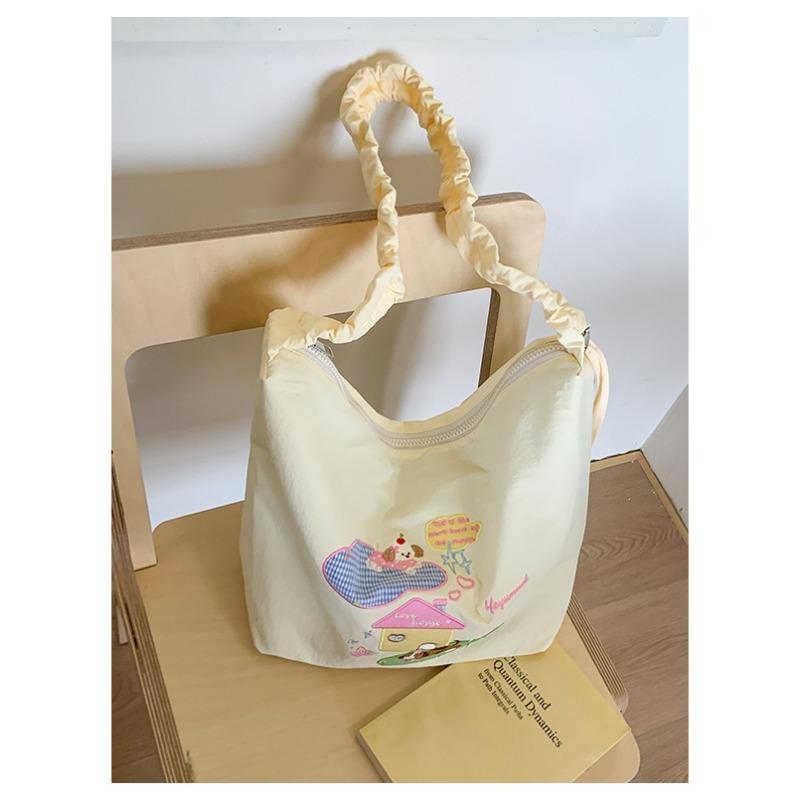 

High value cartoon embroidered nylon shoulder bag tote bag cute girl shopping bag бежевий