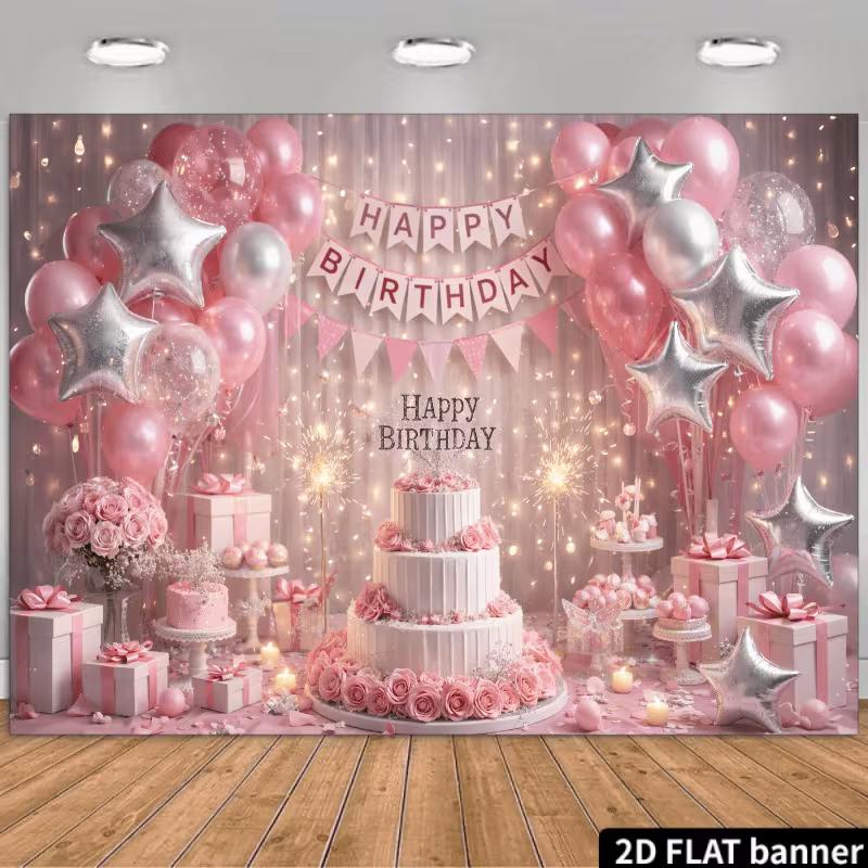 

2D Sweet Pink Birthday Backdrop with Cake, Balloons & Lights 47.2x31.5inch/120*80cm