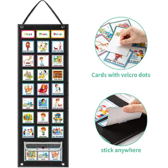 Large Black Visual Schedule Chart for Kids Chore with 92 Pcs Cards, Visual Behavioral Routine Tool for Toddlers, Daily Schedule Board Autism Learning