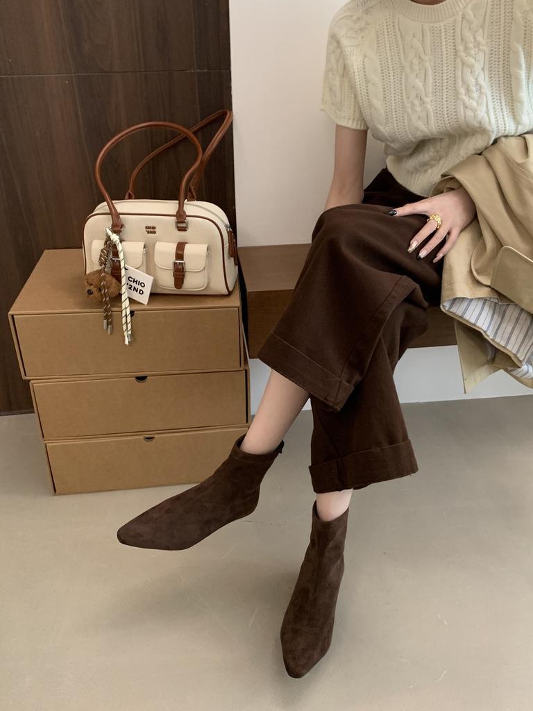 Autumn Simple Matte Suede Flat Socks Boots Flat Heel Thin Boots Temperament Pointed Short Boots Women's