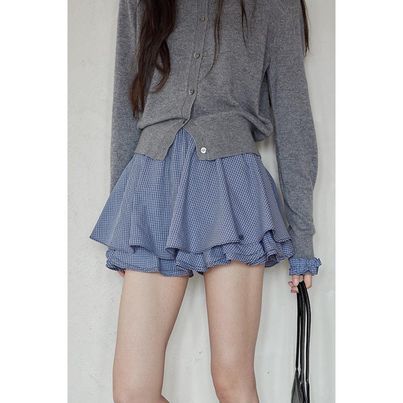 

Ximeng 2025 Autumn Korean-Style Spliced Plaid Puffy Midi Skirt for Women Large