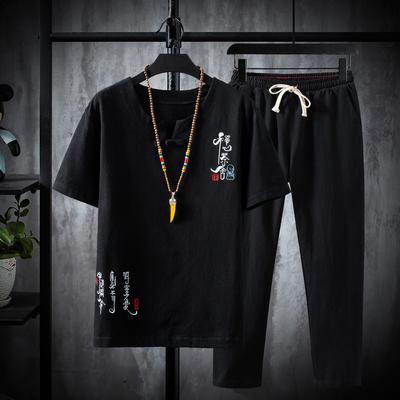 Herren Sommer Übergröße Dünner Freizeitanzug Retro Kurzarm T-Shirt + Hose Zweiteiliges Set