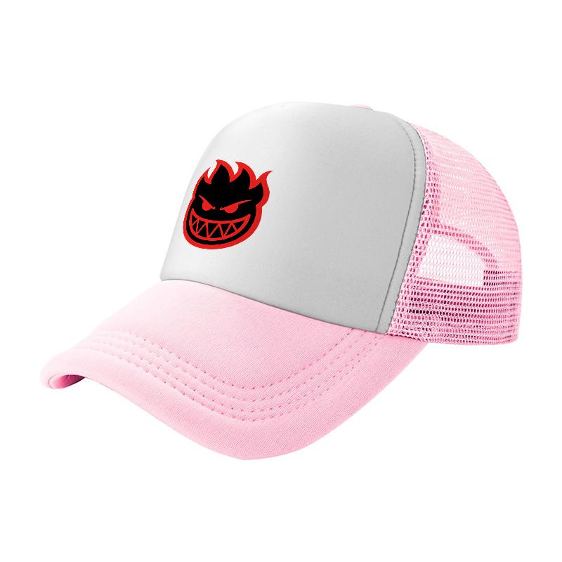 Flame Demon Logo Mesh Baseball Cap Breathable Trucker Hat White Black Design Sporty Style Outdoor Wear Adjustable Fit
