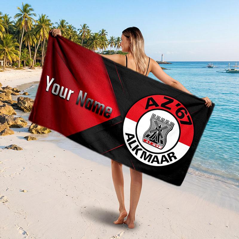 AZ Alkmaar Benutzerdefiniertes Strandtuch, Personalisierter Namens-Textdruck, Fußballlogo Weiches Schnelltrocknendes Handtuch Urlaubsgeschenk