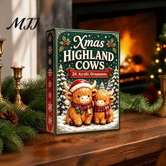 Dekorative hängende Baumdekorationen Weihnachten Hochlandkuh Adventskalender, 24 süße 3D-Mini-Figuren, Tag-Countdown-Box Bauernhaus-Feiertagsdekoration,