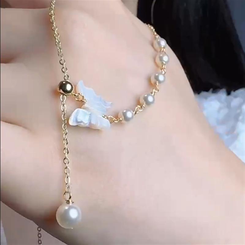 Natural pearl collarbone chain, silver silk shell camellia butterfly sliding necklace