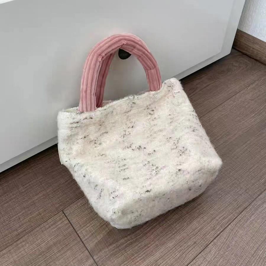 Cute Plush Handbag Small Fresh Sweet Style Velvet Bucket Bag White Gray