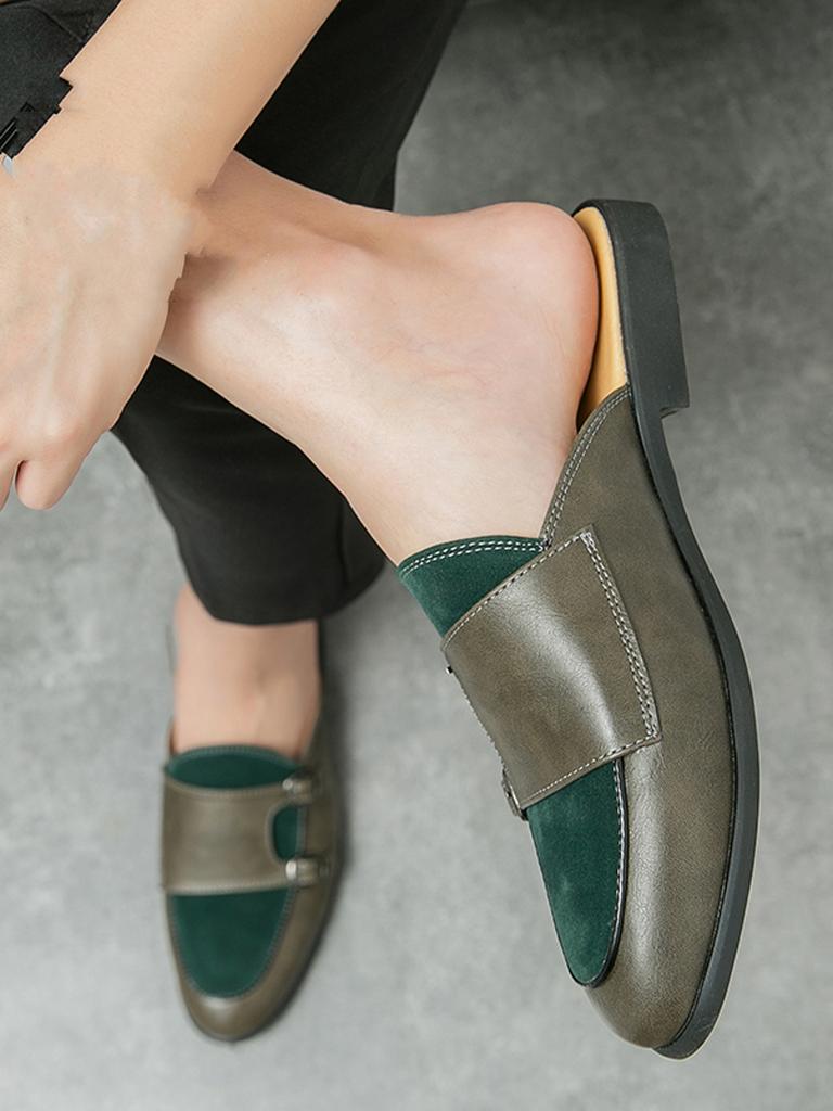 Men Big Size Closed Toe Two-Tone Slip-On Leather Loafers Summer Breathable Casual Shoes Comfortable Breathable Half-Drag Slipper