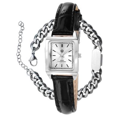 [Volkswagen Watch] Volkswagen Watch Retro Square Signal Women's Leather Wristwatch + Titanium Bracelet Set