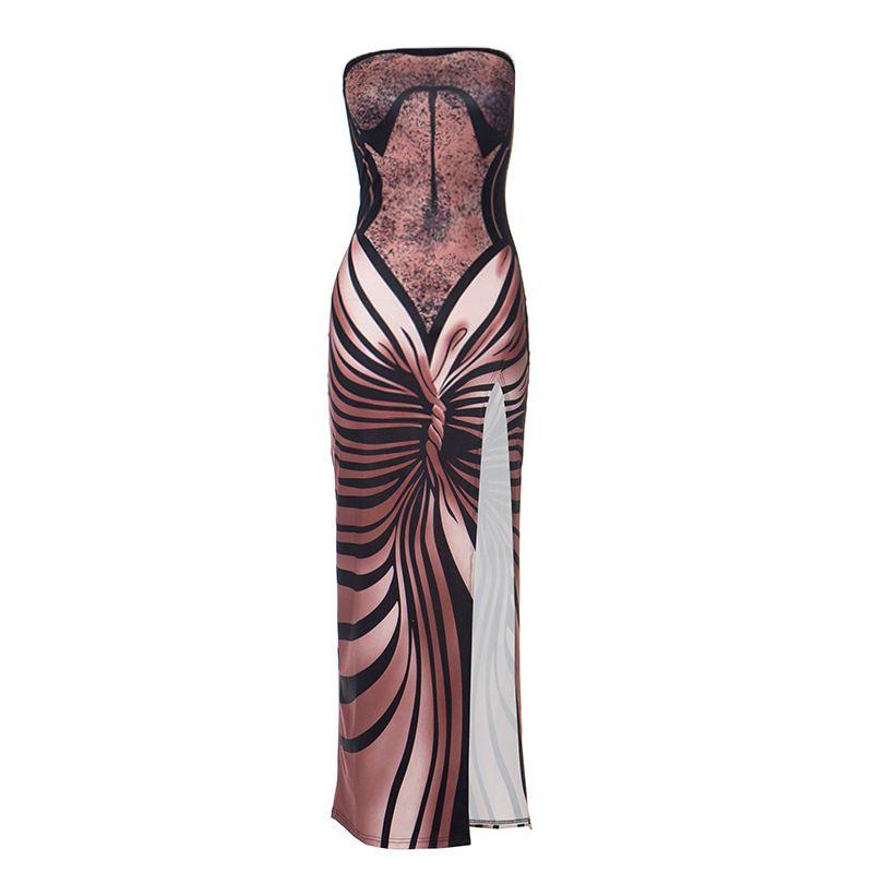 

European and American Sexy Sexy Slimming Printed Silm Tube Top Dress Retro Style Tight Waist High Slit Fashionable Long Dress for Women Brown L