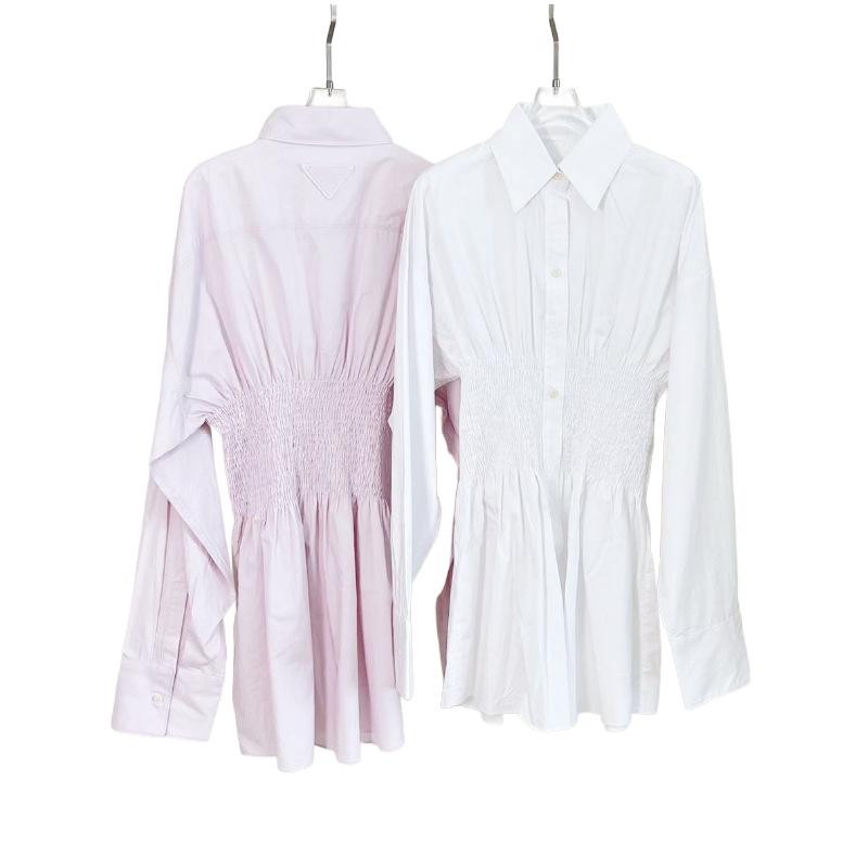 2024 Women's Summer Long Sleeve Shirt Dress with Turn-Down Collar and Waist Tie