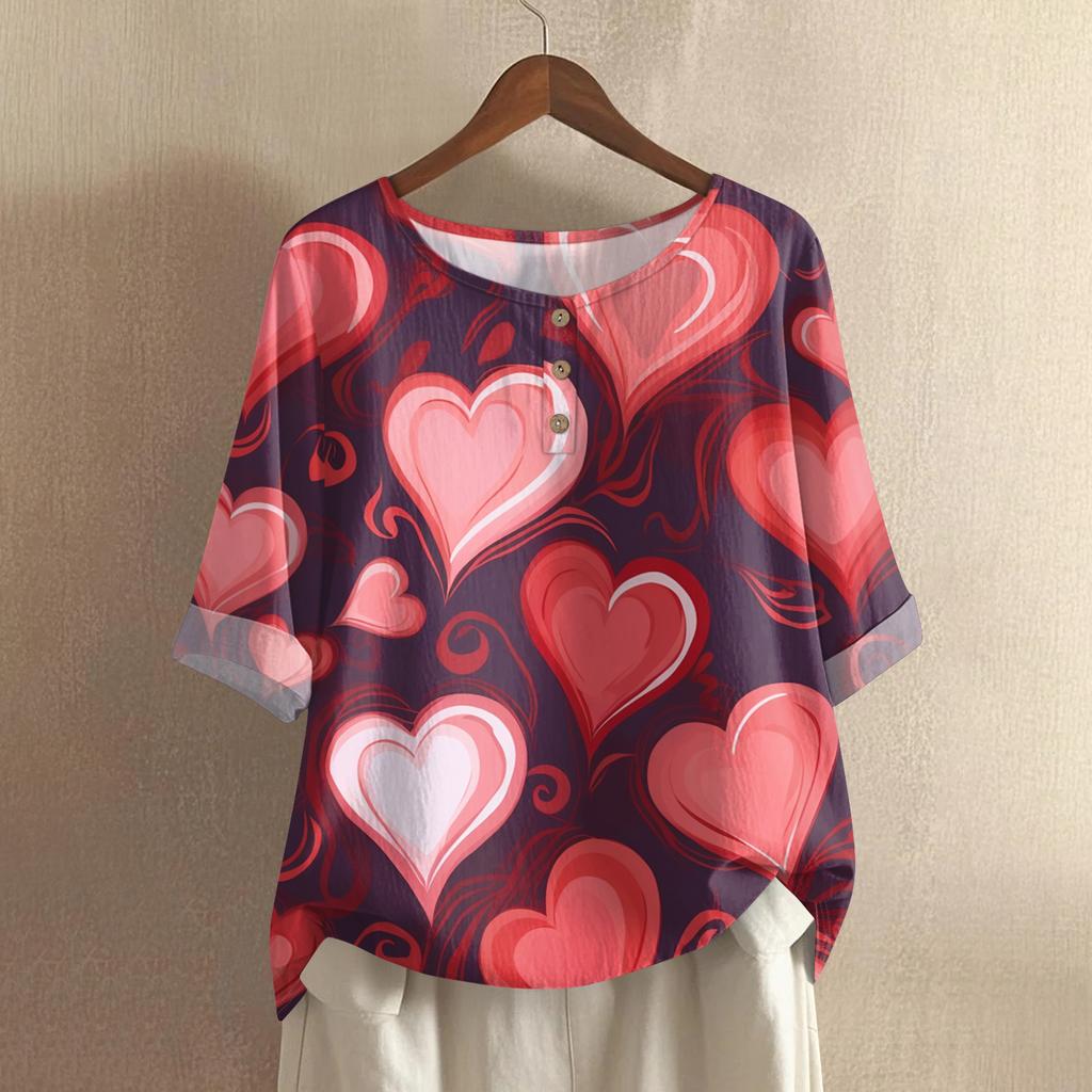 Damska koszulka z nadrukiem na Walentynki, casualowa, z krótkim rękawem, okrągłym dekoltem, z bawełny i lnu